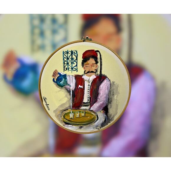 Handcrafted Circular Canvas Art – Traditional Tea Pouring Scene - Picture 3 of 5
